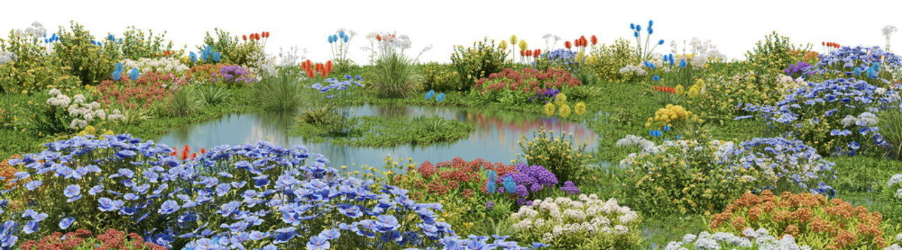 Field of colorful flowers on the lake,  Flowres on the garden in springtime with isolated on transparent background - PNG file, 3D rendering illustration