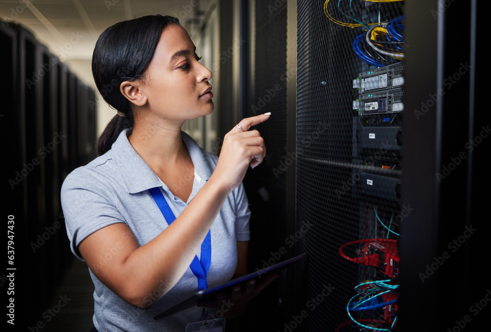 Poster Woman, technology and inspection of server room, engineering cables and power solution or hardware problem solving. Technician on tablet, cybersecurity check and data center programming in basement