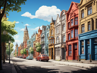 A cartoon town with different colored houses and shops built facing each other along the road. Multi-storey buildings with all main doors facing the main road.