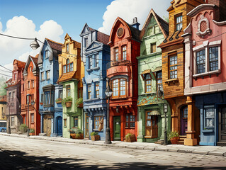 Fototapeta premium A cartoon town with different colored houses and shops built facing each other along the road. Multi-storey buildings with all main doors facing the main road.