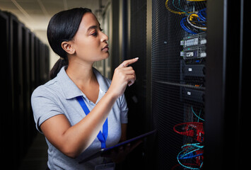 Woman, technology and inspection of server room, engineering cables and power solution or hardware...