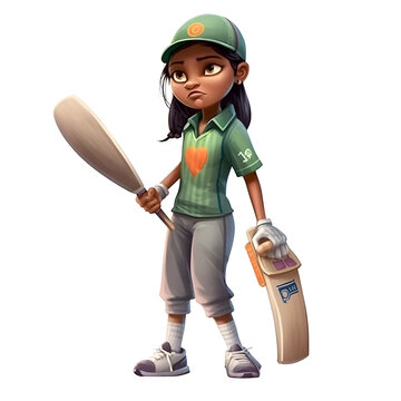 Illustration of a little girl playing cricket on a white background.
