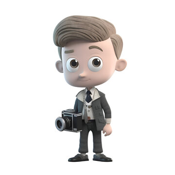 3D Render of a cartoon photographer with a camera on white background
