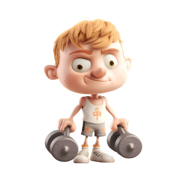 Boy with dumbbells isolated on a white background. 3d rendering.
