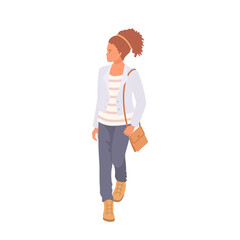 Walking cute young woman. Fashion for teenagers. Cartoon flat style. Vector illustration