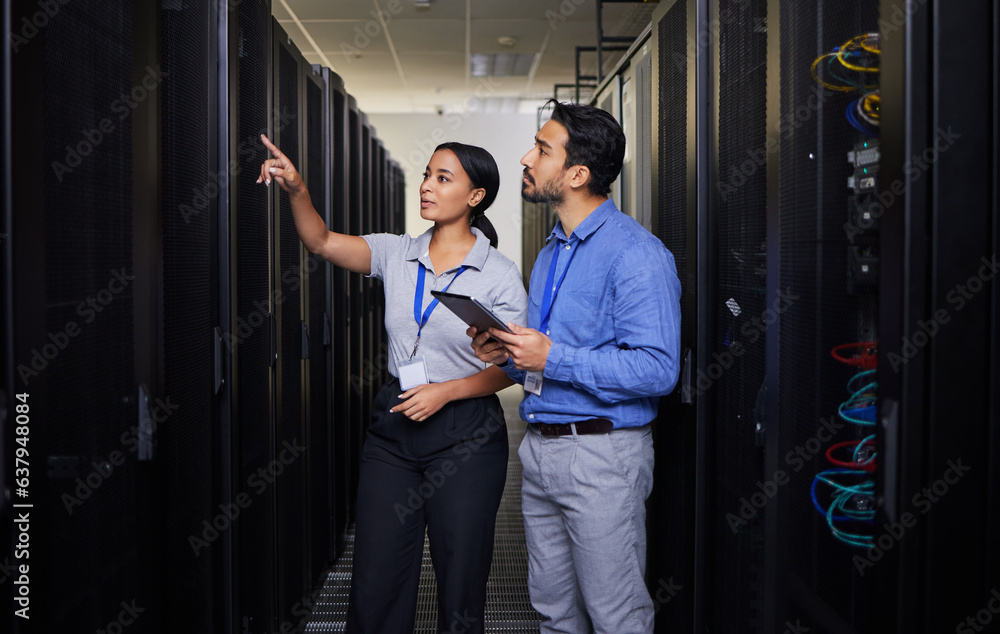 Leinwandbilder People, server room and engineering teamwork, inspection and tablet for cybersecurity, power or coding solution. Electrician man and woman or manager show or check data center with digital technology