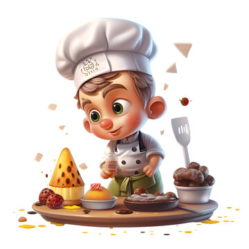 Illustration of a little boy in a chef's hat and apron eating a cake