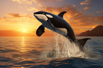 Fototapeta premium At sunset, Orca leaps from sea with splashes. Killer Whale in Norway fjord, nature's beauty..