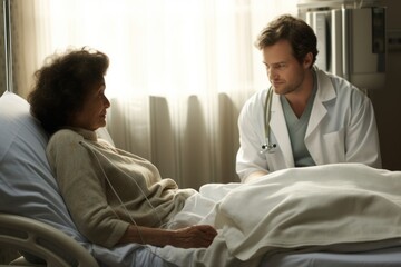 Fototapeta premium Medical staff meeting in hospital ward. Doctor discussing patient treatment.