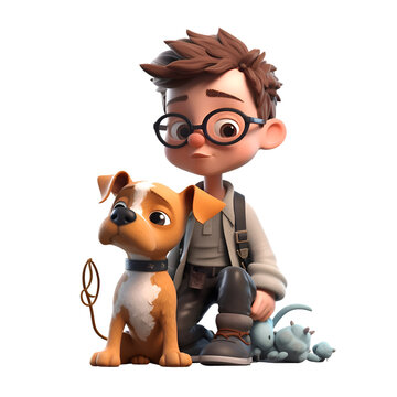 3D illustration of a little boy with a dog. Isolated white background.