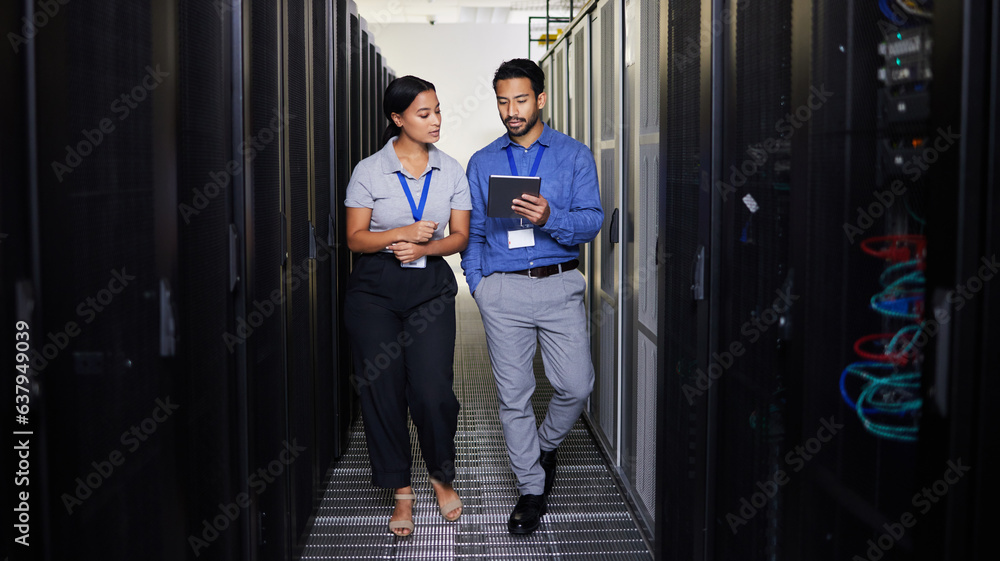 Poster People, server room and teamwork on tablet, cybersecurity, engineering and programming or coding solution. Engineering man and woman or manager walking in data center, digital technology and training