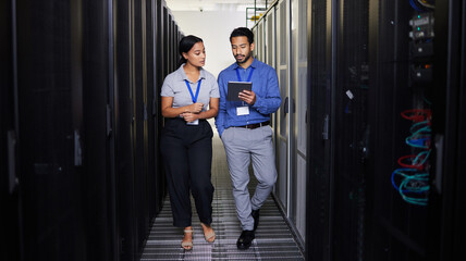People, server room and teamwork on tablet, cybersecurity, engineering and programming or coding...