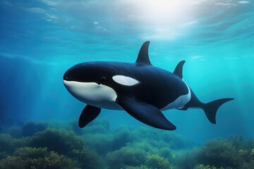 Orca whale gracefully swims in natural ocean habitat. Marine life beauty.