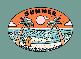 Summer vibes with the twin coconut and surfboard design for t-shirt, badge, sticker, etc vector illustration
