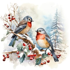 A picturesque scene of birds perched on snowy branches, surrounded by the enchanting ambiance of Christmas, where nature's beauty harmonizes with the holiday spirit. Generative Ai.