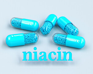 Medical background, vitamin B group, B3 in a blue capsule, niacin, volume text, 3d rendering