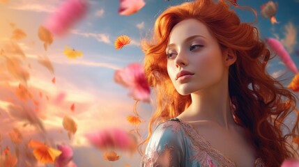 Beautiful redhead woman. Orange, pink and yellow flowers in the field, blue smoke, pastel colors. Generative AI - obrazy, fototapety, plakaty