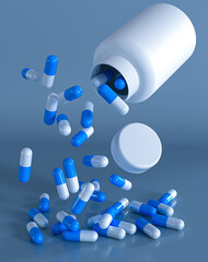 Medical background, capsules of pills, vitamins, nutritional supplements fall from an open jar of packaging, 3d rendering