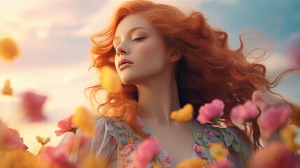 Fototapeta premium Beautiful redhead woman. Orange, pink and yellow flowers in the field, blue smoke, pastel colors. Generative AI