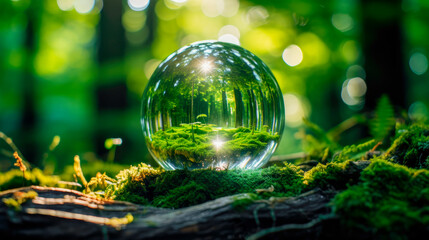 Crystal glass ball sphere reveals forest landscape with spherical perspective - Powered by Adobe