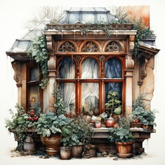 Fototapeta na wymiar Watercolor Christmas windows adorned with winter decorations. Generative AI