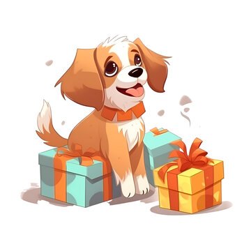 Cute cartoon dog with gift boxes. Vector illustration isolated on white background.