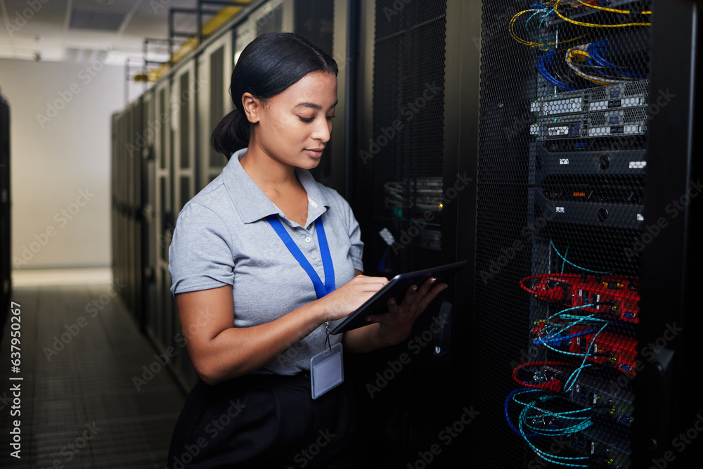 Poster Woman, tablet and data center in inspection, programming and coding of power solution, cables check or cybersecurity. Engineering person on digital tech, hardware and software network in server room
