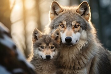 Fototapeta premium EUROPEAN WOLF Canis lupus, portrait of a female with cubs in the forest