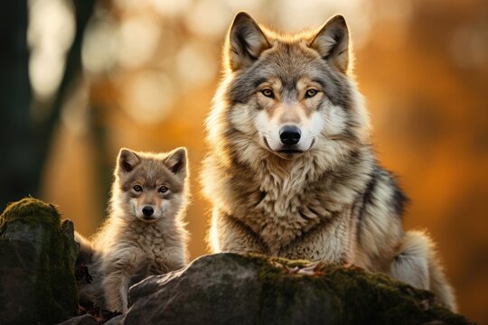 EUROPEAN WOLF Canis lupus, portrait of a female with cubs in the forest