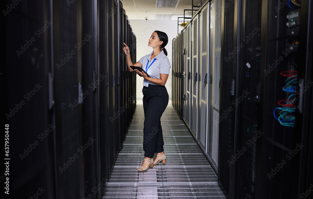 Poster Tablet, woman and engineer in data center for inspection of programming hardware. Information technology, check and technician in server room, networking maintenance or code for system admin software