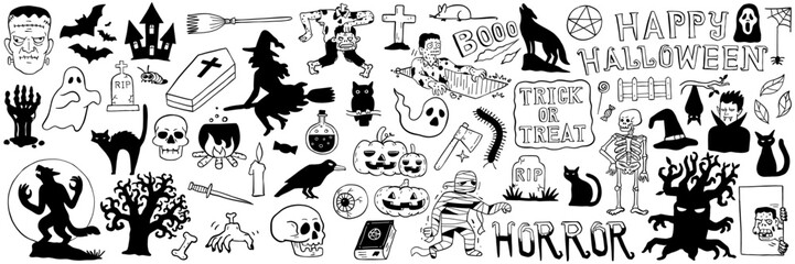 Halloween doodles vector illustration. Thin line art, linear, thin line art, hand drawn sketch, black and white ink style. Big set, bundle, collection.  