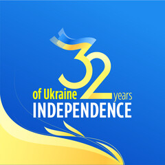 32 years of Ukraine's independence. Vector design for print banner, poster, and social media post. National flag colors and symbols. English 