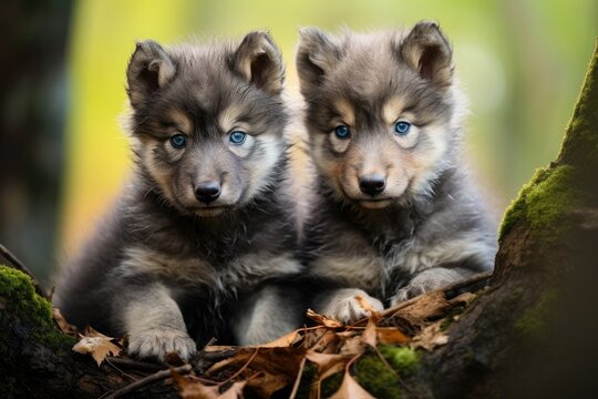 EUROPEAN WOLF Canis lupus, cute wolf cubs in the forest