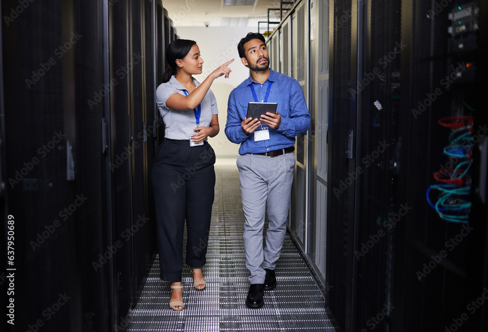 Poster People, server room and inspection or teamwork for cybersecurity, engineering and coding solution on tablet. Engineering man and woman or manager walking and check data center with digital technology