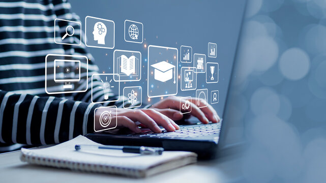 Women are using online education training and internet webinars for their personal development and professional qualifications. Digital courses to develop new skills