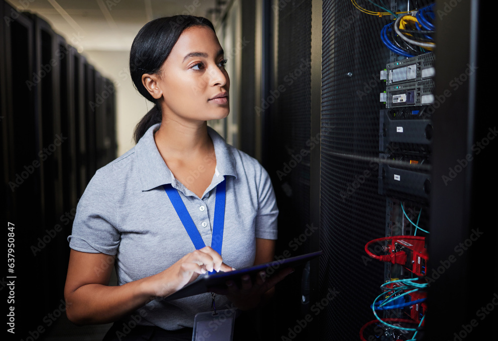 Aufkleber Woman, tablet and thinking in server room, programming solution or coding ideas for cybersecurity or data center backup. Engineering person on digital software, hardware inspection and basement check
