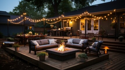 Backyard fire pit with 4x4 posts in planters with Edison bulbs strung from them