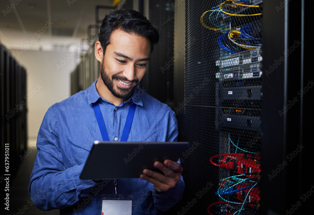 Poster Man, tablet and server room, programming or coding for cybersecurity, information technology and data protection backup. Happy engineering person on digital software and hardware solution in basement
