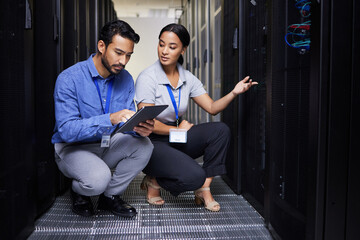 People, talking and technician in server room with tablet for cybersecurity, update or team problem...