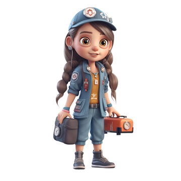 3D Render of Cartoon Police Girl with radio and camera on white background