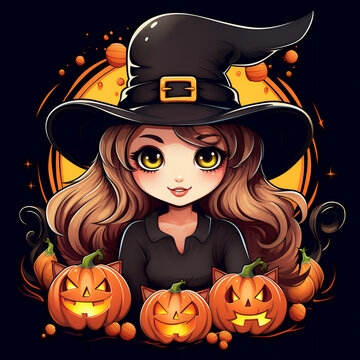 Cute cartoon witch girl. Template for a greeting card for Halloween. Generative AI