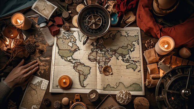 An adventurous flat lay of vintage maps, compasses, and expedition-themed decorations, journeying into holiday exploration - Generative ai