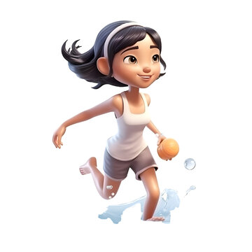 Illustration of a little girl playing basketball in the water on a white background