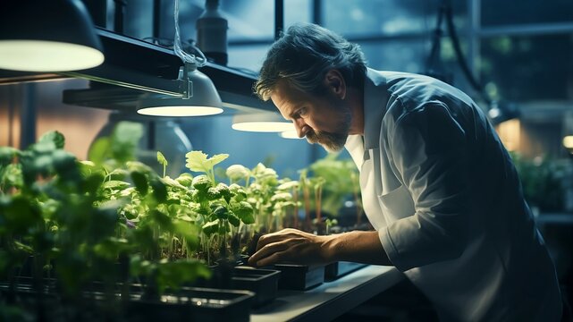 Bearded biologist works with seedlings in laboratory