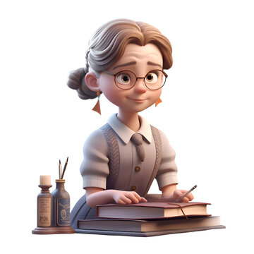 3D Illustration of a cute cartoon girl with glasses and a book