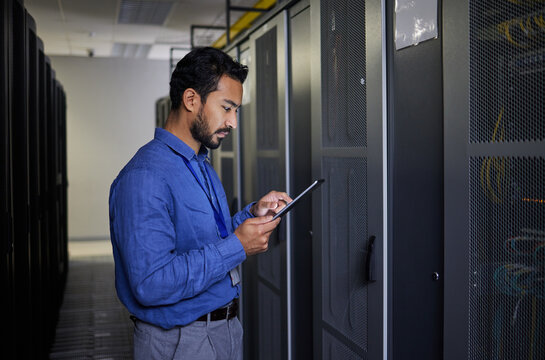 Man, tablet and technician in data center, research and programming. Information technology, reading and engineer in server room, networking for maintenance and coding software of system admin typing