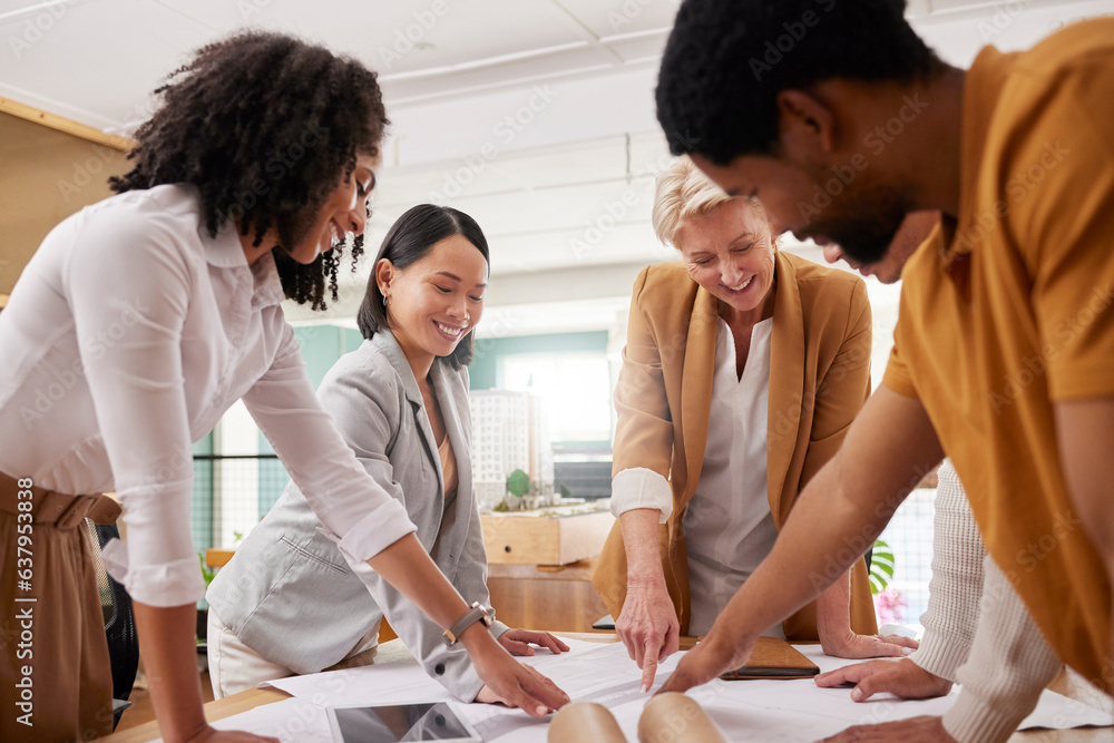 Poster Business people, architecture teamwork and planning blueprint, design and collaboration meeting in office. Happy group of designer, men and women for ideas, floor plan solution or project development