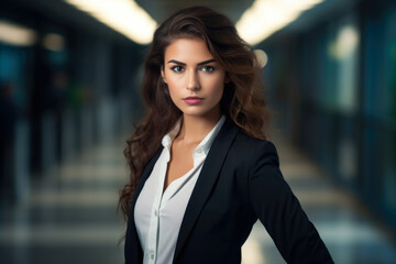 An Empowered and Stylish Businesswoman with Ambitious Determination, Standing Confidently in a Modern Office Hallway, Radiating Success and Leadership