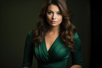 Naklejka premium Confident and Stylish Businesswoman in a Green Silk Dress: A Captivating Portrait of an Independent and Ambitious Corporate Professional