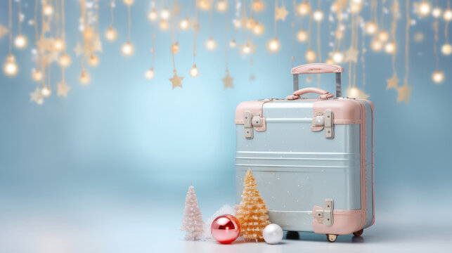 Modern blue suitcase packed for travel for winter holiday season against blurry shiny background.